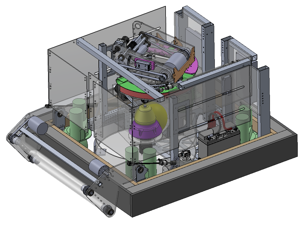 Computer model of Triple Helix Robotics team 2363's 2026 robot, showing its frame, intake rollers, and internal mechanisms through clear side panels.