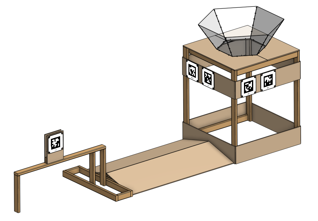 Computer model of wooden field element mockups: a hub with a clear plastic funnel on a timber frame, a ramp leading up to it, and a post holding an AprilTag target.